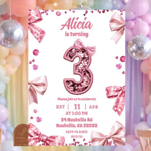 Convite Lantejoulas Arco Rosa Três Aniversário Menina