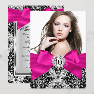 Convite Lantejoulas Damask Rosa Quente Arco Doce 16 Foto