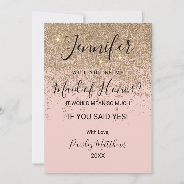 Convite Lantejoulas Douradas Brilho Blush Rosa Dama de Hon (Frente)