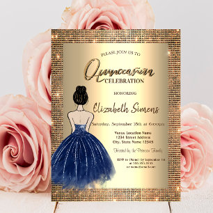 Convite Lantejoulas Douradas,Menina de Vestido Azul Quince