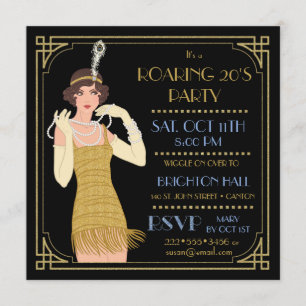 Convite Lantejoulas Douradas Preto Flapper dos Anos 20