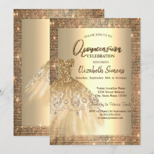 Convite Lantejoulas Douradas, Vestido Chic Quinceañera