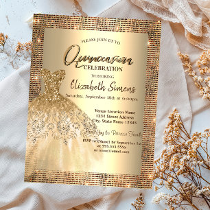 Convite Lantejoulas Douradas, Vestido Chic Quinceañera