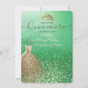 Convite Lantejoulas verdes elegante Tiara de vestido doura