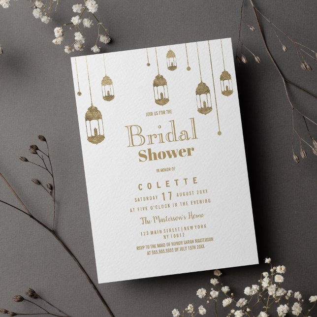 Convite Lanterna branca simples, luzes Chá de panela (Simple white gold lantern lights Bridal Shower Invitation )