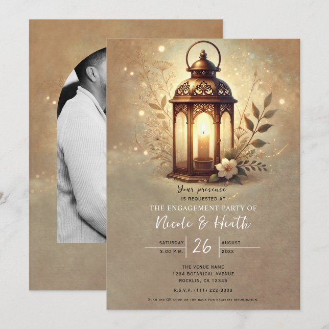 Convite Lanterna Bronzeada Romântica Rústica Casamento (Frente/Verso)