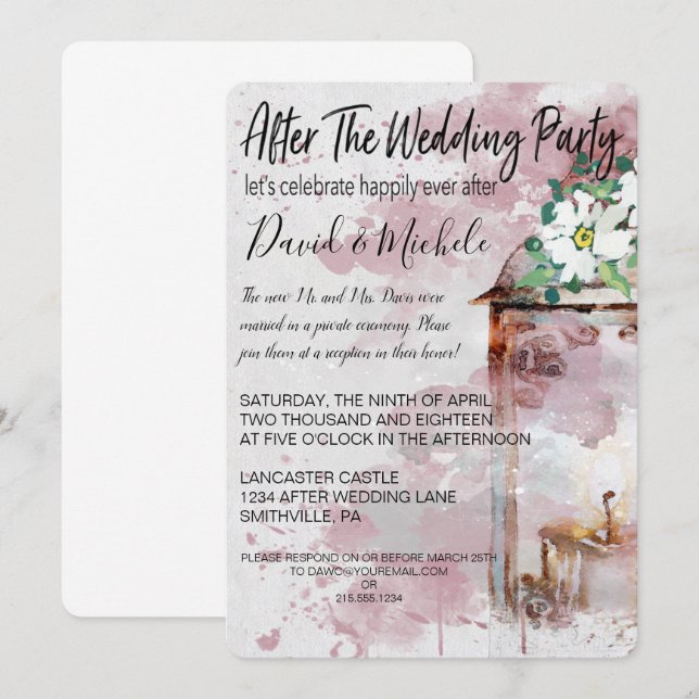 Convite Lanterna de Aquarela Após a Festa de Casamento (Frente/Verso)