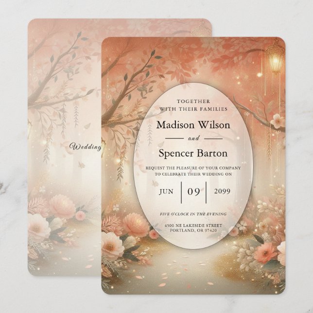 Convite Lanterna de Casamento Floresta Encantada Rosa Pêss (Frente/Verso)
