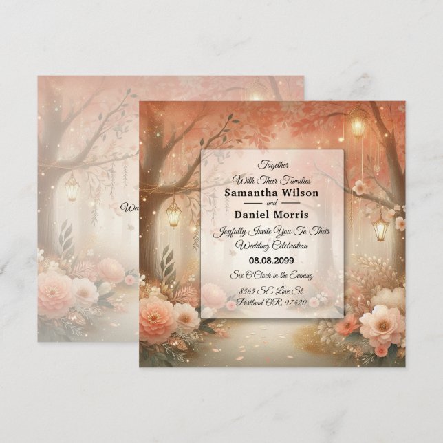 Convite Lanterna de Casamento Floresta Encantada Rosa Pêss (Frente/Verso)