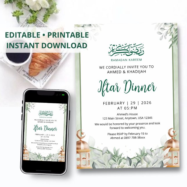 Convite Lanterna de Cobre Folha de Eucalipto Ramadan Iftar (Criador carregado)