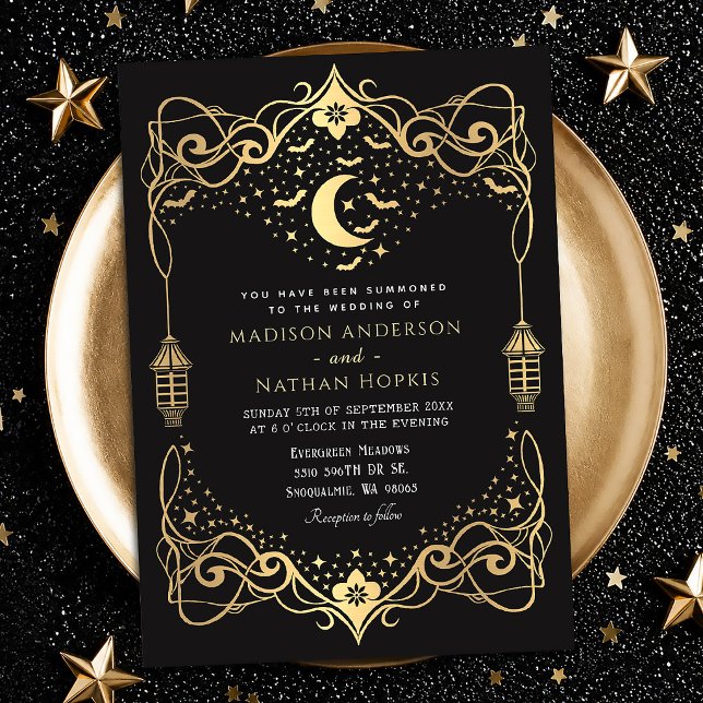 Convite Lanterna de Morcegos Góticos Lua Dourada Casamento (Criador carregado)