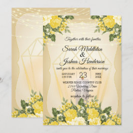 Convite Lanterna Dourada e Floral Amarelo Casamento