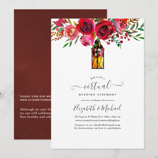 Convite Lanterna Floral Aquarela Casamento Virtual Online (Frente/Verso)