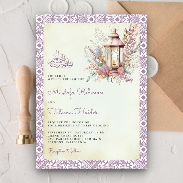 Convite Lanterna Floral Lavanda Rústica Casamento Muçulman (Criador carregado)