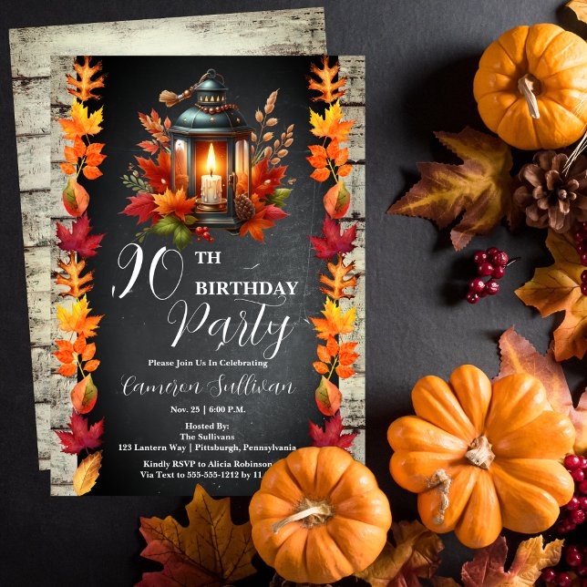Convite Lanterna russa e folhas caem na Festa de aniversár (Candlelit Lantern and Fall | Autumn Leaves 90th Birthday Party Celebration Invitation)