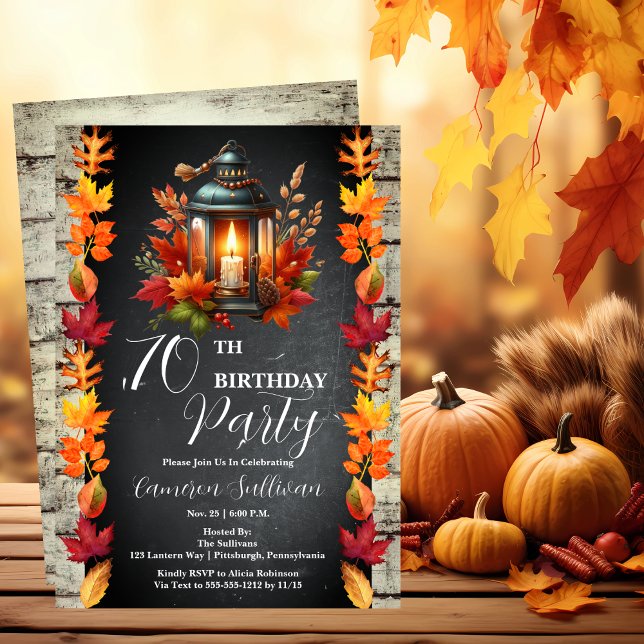 Convite Lanterna russa e folhas caem na Festa de aniversár (Candlelit Lantern and Fall | Autumn Leaves 70th Birthday Party Celebration Invitation)