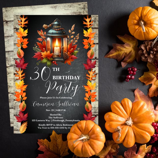 Convite Lanterna Russa e Folhas Caindo aniversário de 30 a (Candlelit Lantern and Fall | Autumn Leaves 30th Birthday Party Celebration Invitation)