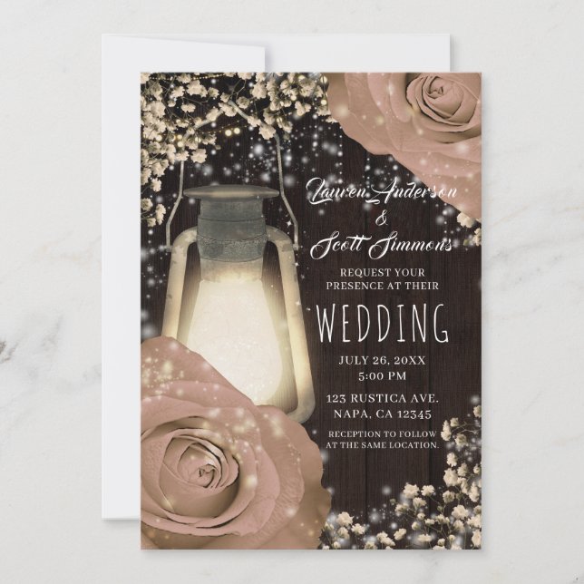 Convite Lanterna Rustic Glow Bege Rosas Casamento de Ranch (Frente)