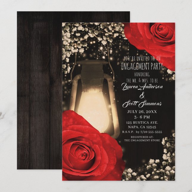 Convite Lanterna Rustic Glow Brilho  Rosas Vermelhas Engaj (Frente/Verso)