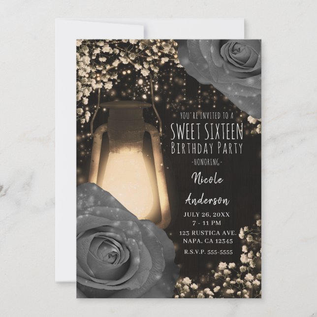 Convite Lanterna Rustic Glow Cinza Quente Rosas Festa Aniv (Frente)