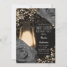 Convite Lanterna Rustic Glow Cinza Quente Rosas Festa Aniv
