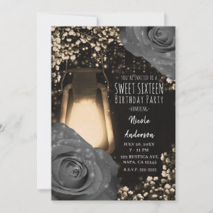 Convite Lanterna Rustic Glow Cinza Quente Rosas Festa Aniv