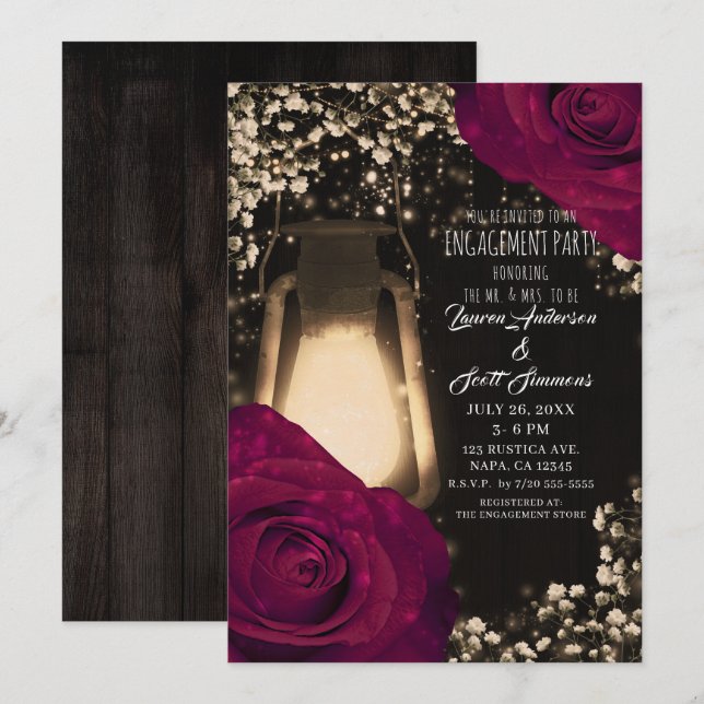 Convite Lanterna Rustic Glow com Rosas Magenta Festa de No (Frente/Verso)
