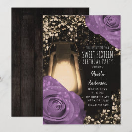 Convite Lanterna Rustic Glow Lilás Rosas Roxas Sweet 16