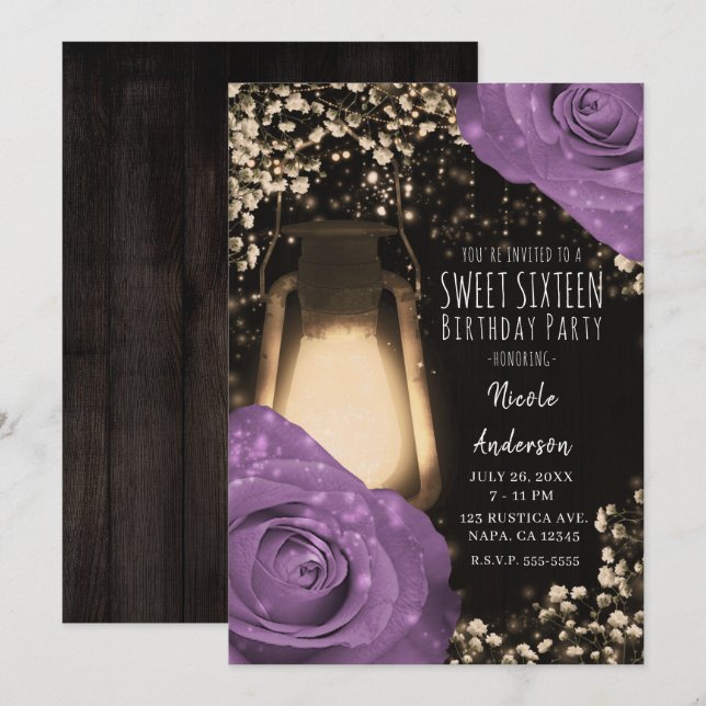 Convite Lanterna Rustic Glow Lilás Rosas Roxas Sweet 16 (Frente/Verso)