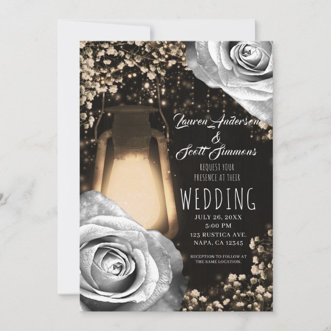 Convite Lanterna Rustic Glow Rosa Cinza Prata Casamento (Frente)