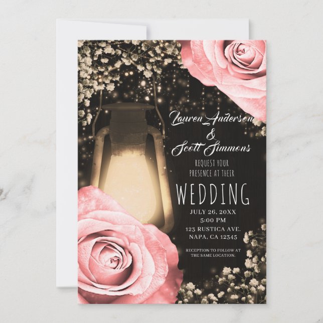 Convite Lanterna Rustic Glow Rosas Bege Casamento (Frente)
