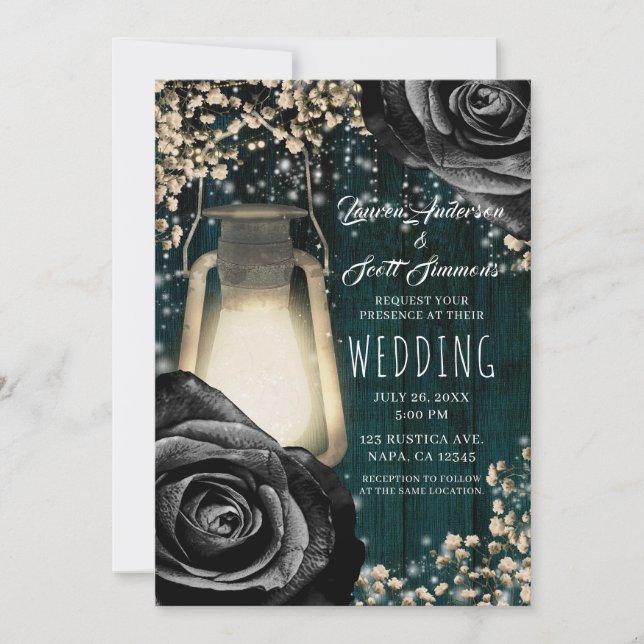 Convite Lanterna Rustic Glow Rosas Pretas & Casamento Teal (Frente)