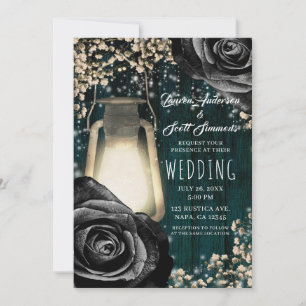 Convite Lanterna Rustic Glow Rosas Pretas & Casamento Teal