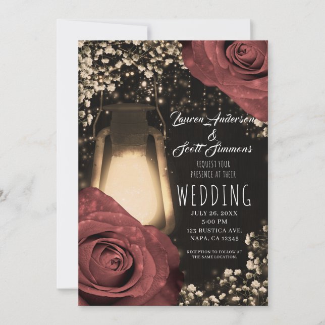Convite Lanterna Rustic Glow Warm Roses Rústicas Casamento (Frente)