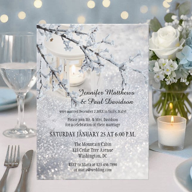 Convite Lanterna Snow Winter Posta Festa de casamento Conv (Wedding reception only invitation showing a candle lit lantern in a winter scene with sparkling snow)