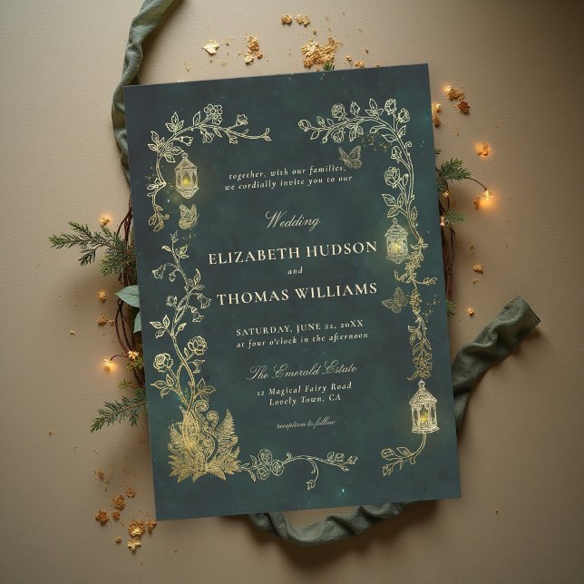 Convite Lanterna Verde Conto de Fadas Casamento Fairycore  (fairytale wedding invitation enchanted forest woodland fairycore lanterns emerald green gold)