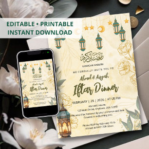 Convite Lanterna Verde e Floral Dourado Ramadan Iftar