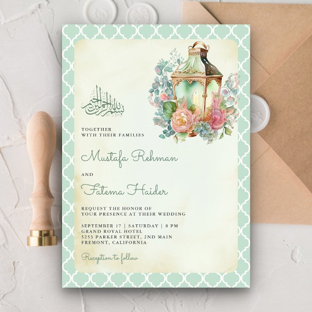 Convite Lanterna Verde Musulmana Floral Rústica Casamento (Criador carregado)
