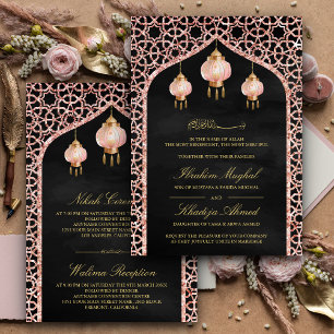 Convite Lanternas Cor-de-Rosa Rosa Negra Dourado Casamento