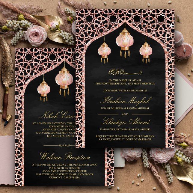 Convite Lanternas Cor-de-Rosa Rosa Negra Dourado Casamento (Criador carregado)