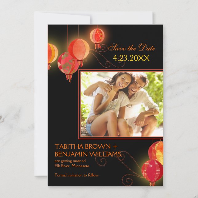 Convite Lanternas de Papel Vermelhas Fotografia de Casamen (Frente)
