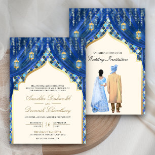 Convite Lanternas Douradas Casal Indiano Azul Casamento