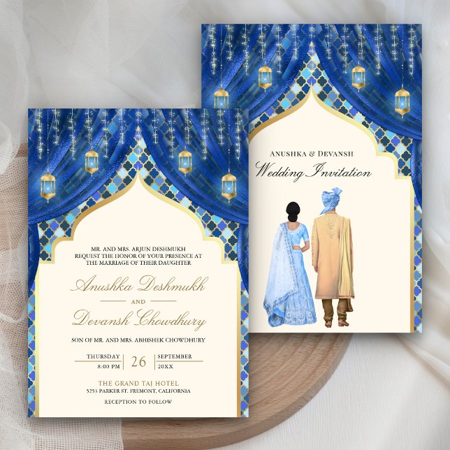 Convite Lanternas Douradas Casal Indiano Azul Casamento (Criador carregado)