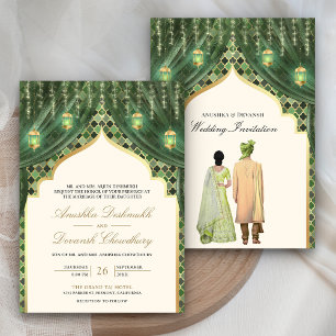 Convite Lanternas Douradas Casal Indiano Casamento Verde S