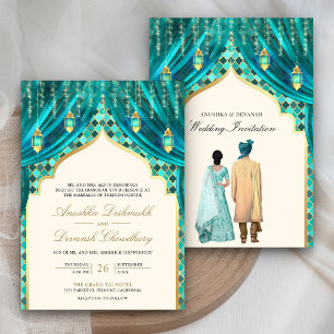 Convite Lanternas Douradas Casal Indiano Teal Casamento