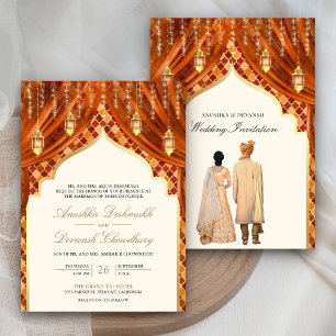 Convite Lanternas Douradas Enferrujam Laranja Casamento de