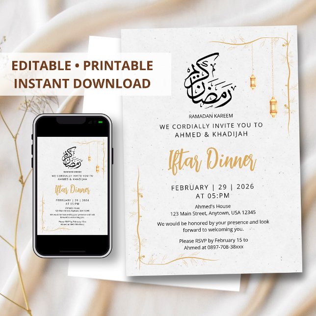 Convite Lanternas Douradas Minimalistas e Jantar Iftar com (Criador carregado)