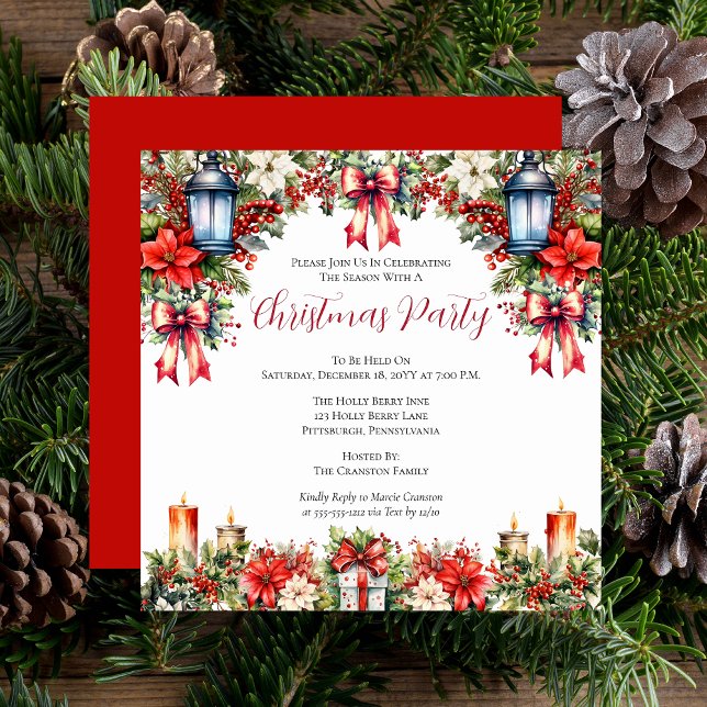 Convite Lanternas Elegantes | Velas Festa Floral de Natal (Vintage Elegant Lanterns and Candles, Poinsettias, Holly and Berries Floral Christmas Party Invite)