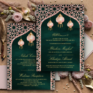 Convite Lanternas Rosa Rosa Esmeralda Dourado Casamento Mu