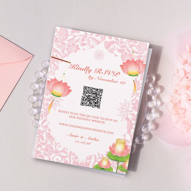 Convite Lanternas Rosa Suave de Lótus RSVP Casamento India (Criador carregado)